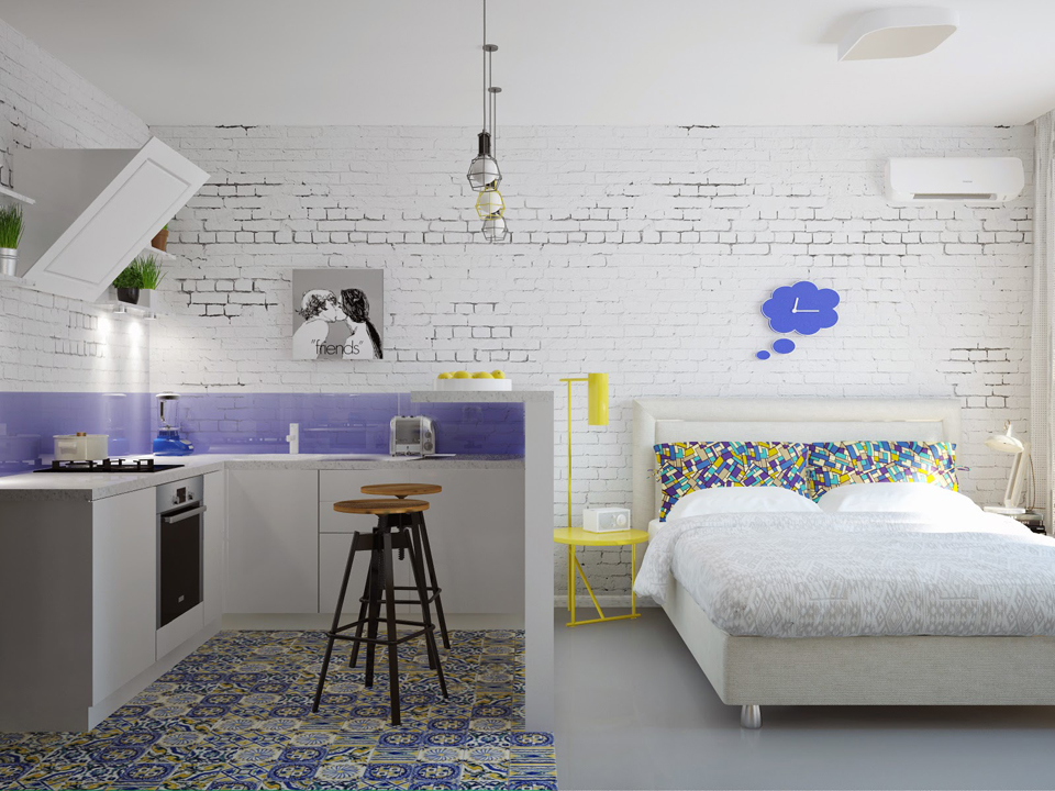 White brick wall in a small loft style apartment