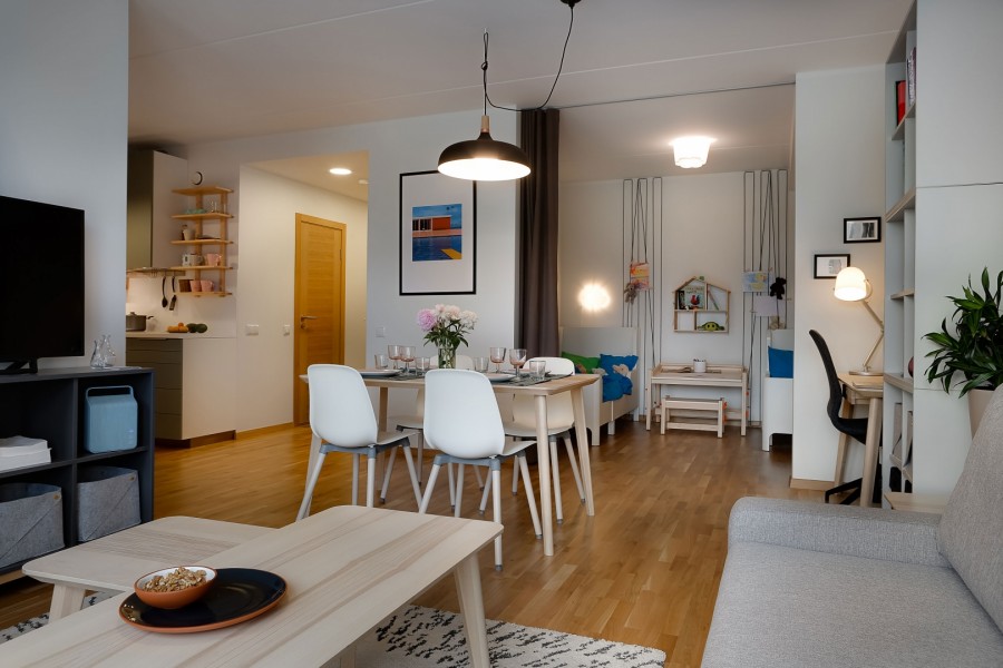 Dining group in the living room of a two-bedroom apartment