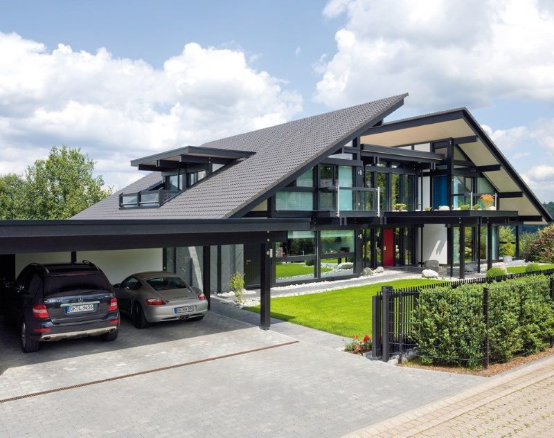 Carport in front of a residential building