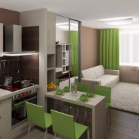 Green curtains in a studio apartment