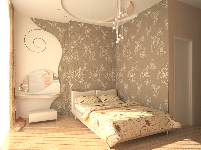 Bedroom with textile wallpaper