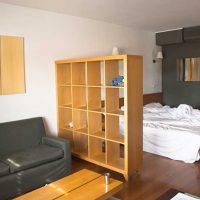 Zoning of the bedroom-living room with a wooden shelf