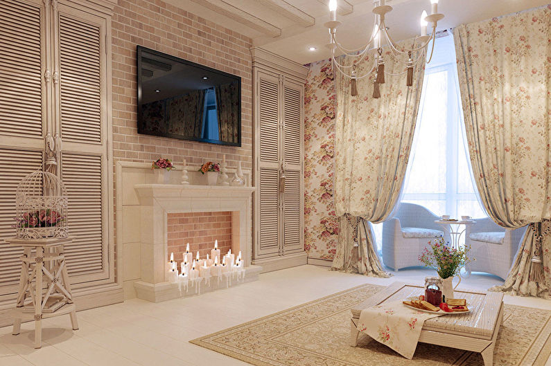 Candles near a decorative fireplace in a Provence style room