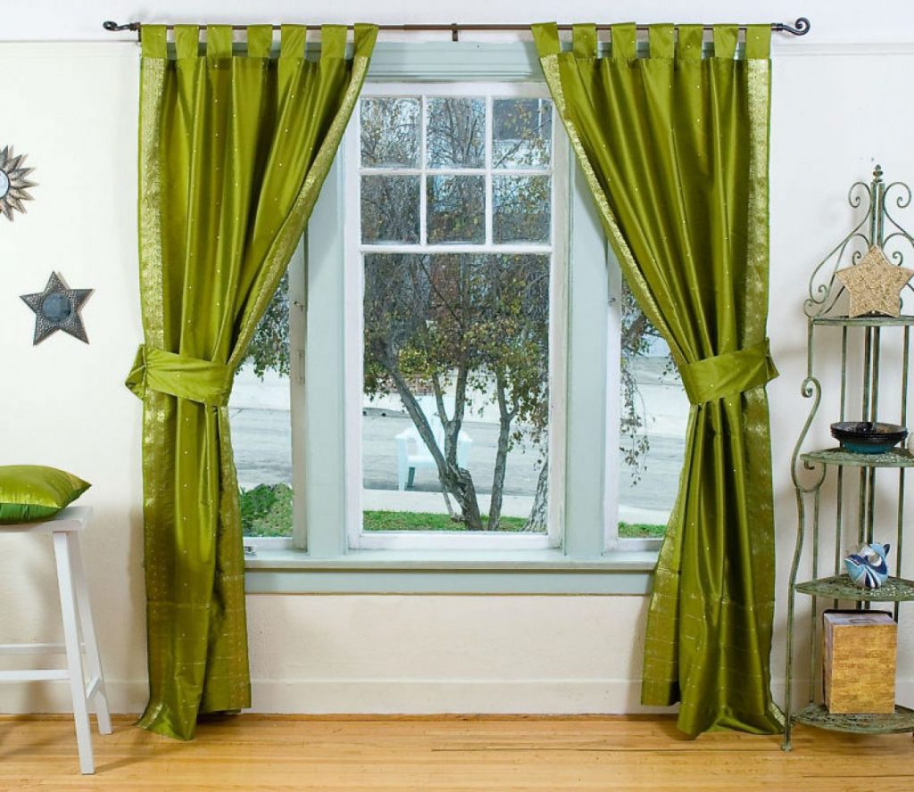 Satin curtains in dark green