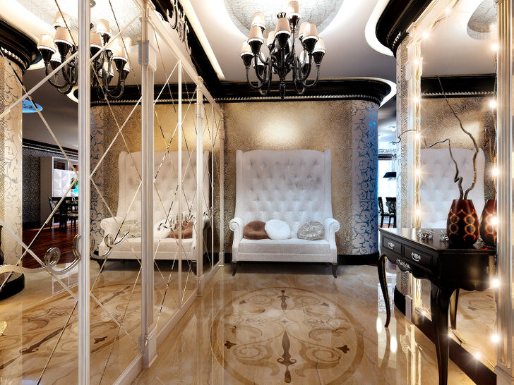 Shiny wall and floor surfaces in an art deco style hallway