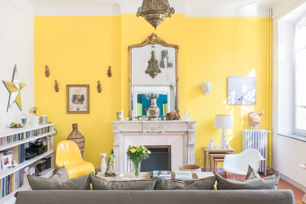 Living room interior in light yellow