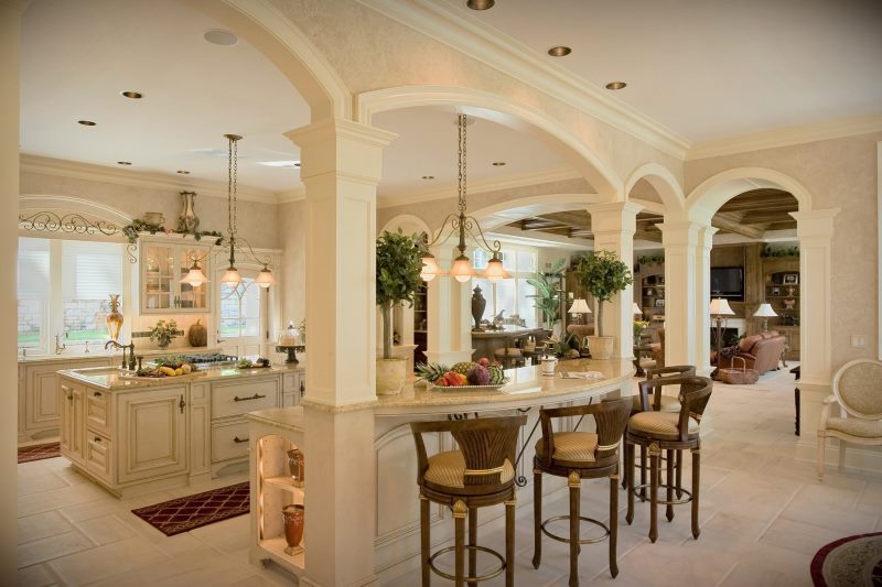 Interior of a large kitchen with arches