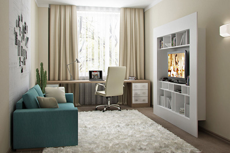 Turquoise sofa in the interior of the living room in an old panel house