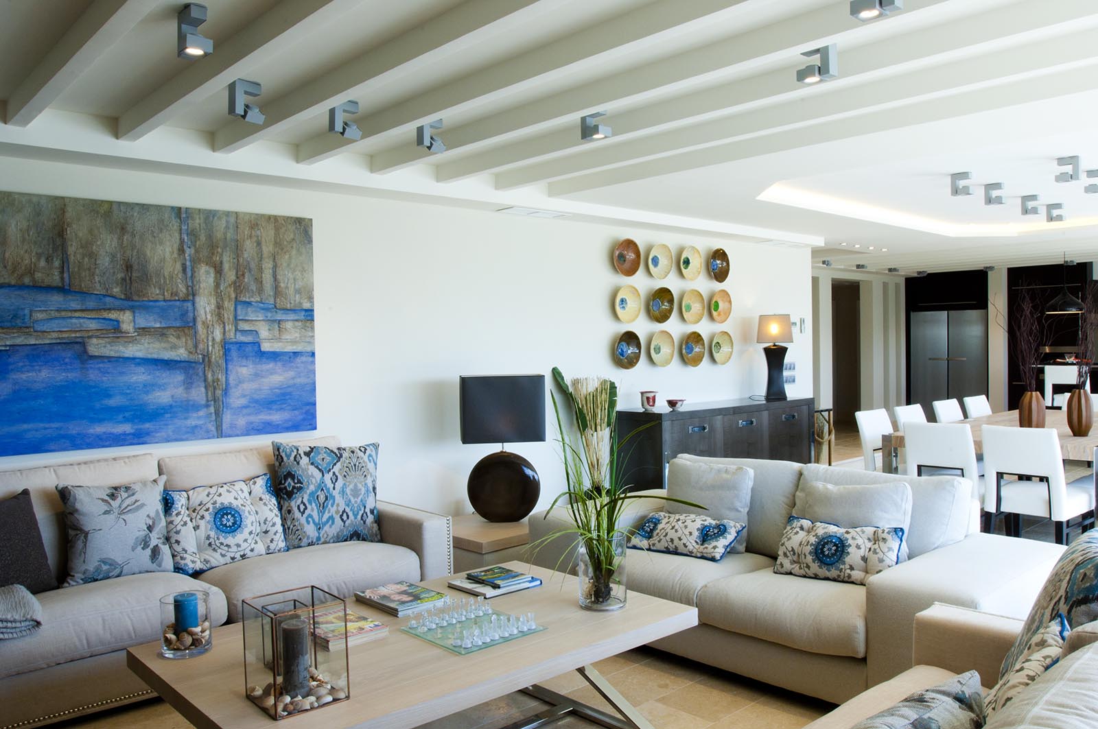 Beamed ceiling in a bright living room