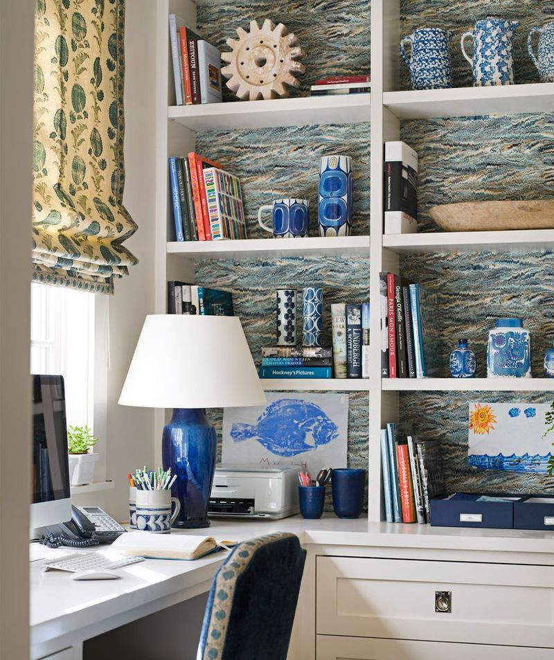 Decor open shelf with old wallpaper