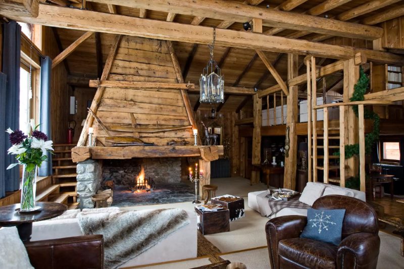 Wooden fireplace in the living room of a private house