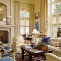 Living room interior with high windows