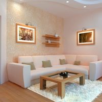 Beige wallpaper in the living room with a corner sofa