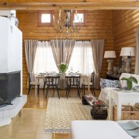 The interior of a country house with a fireplace stove