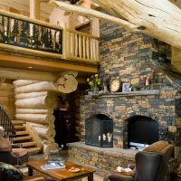 Living room interior with combined fireplace