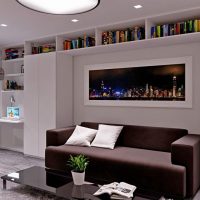 Bookshelves under the living room ceiling