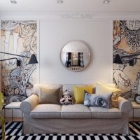 Round mirror above the sofa in the living room