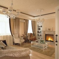 Glass coffee table in front of the fireplace