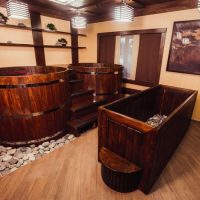 Wooden water barrels in a Japanese sauna