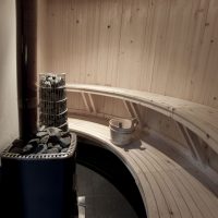 Shelves made of wood in a narrow steam room