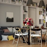 Open shelving in the living room interior