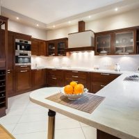 Bright lighting in the kitchen with a wooden set