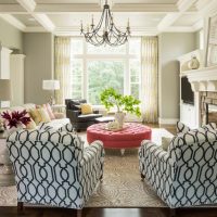 Two armchairs with geometric print on the upholstery