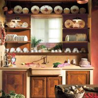 Porcelain plates on wooden shelves