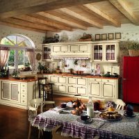 Wooden kitchen ceiling in a country house