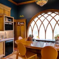 Arched window with wooden frame