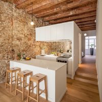 Stone wall in a long kitchen