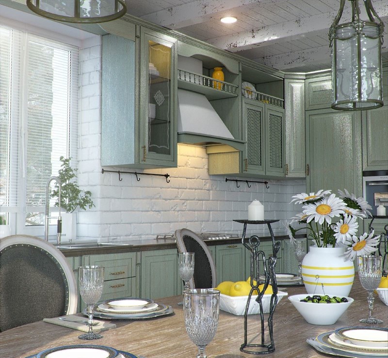 Rustic kitchen interior with white stone on the wall.