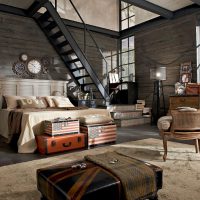 Living room interior with metal staircase