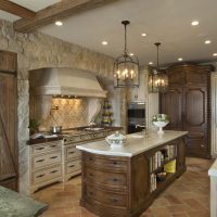 Wooden furniture in the interior of the kitchen of a country house