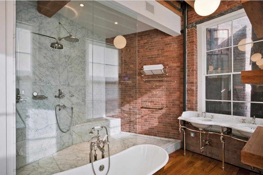 Spacious industrial-style bathroom