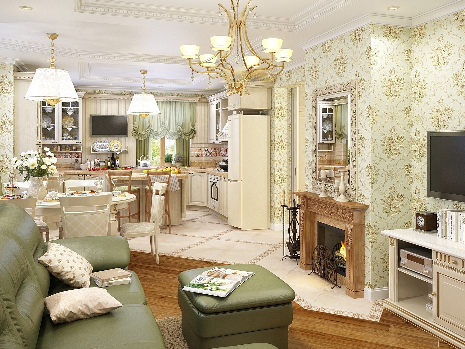 The design of the kitchen-living room in the classic style