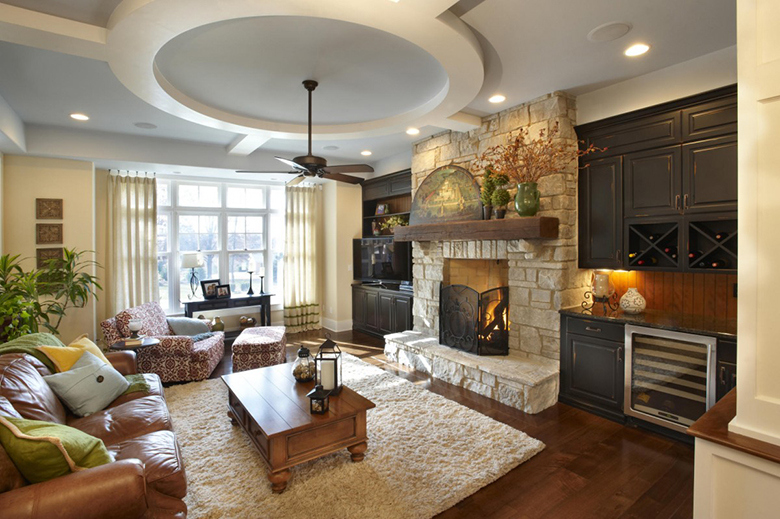 Interior of a country house living room with fireplace