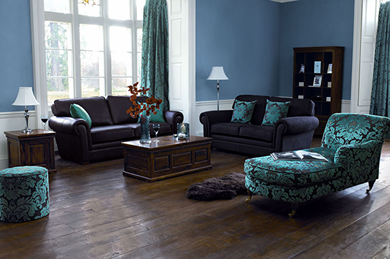 Dark brown natural wood floor in the living room of a private house