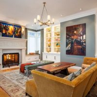 Living room interior with real fireplace