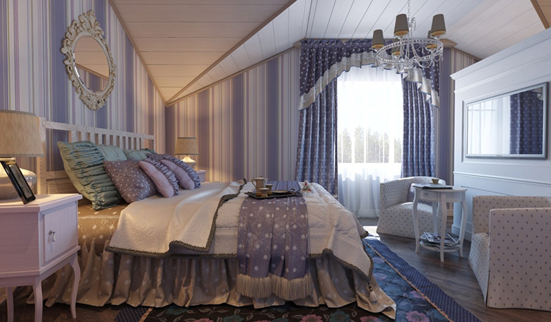 The interior of the bedroom in the attic of a country house