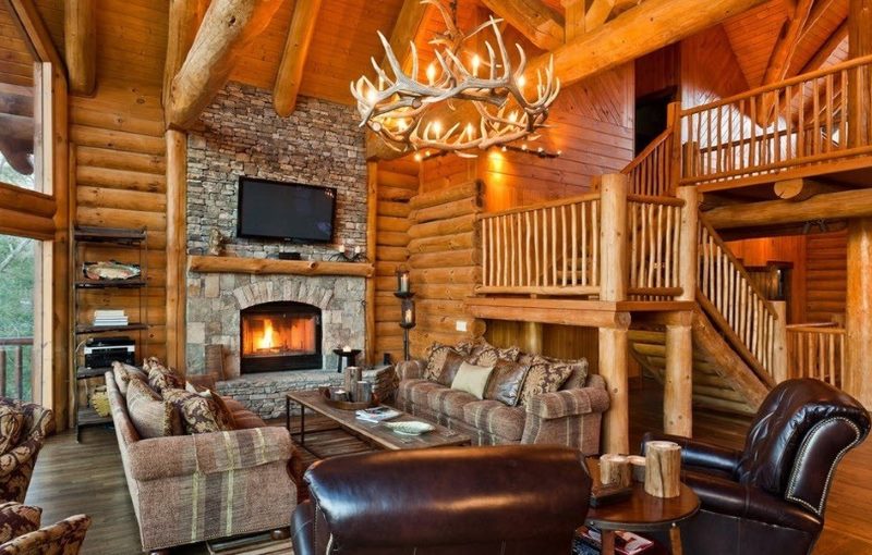 The interior of the living room in the log house