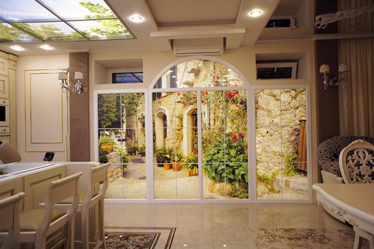 Dummy window with a perspective in the interior of a small kitchen-living room