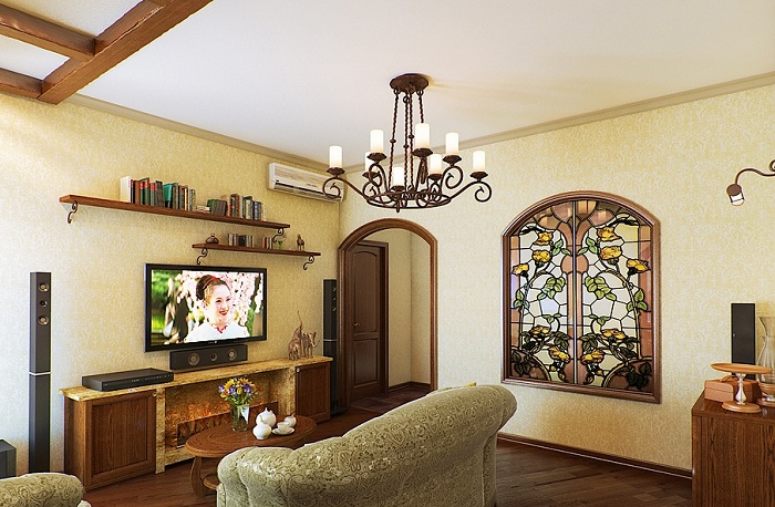 False window with stained glass on the living room wall