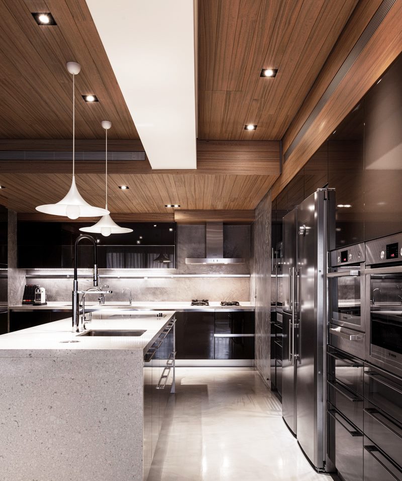 Wood paneled kitchen ceiling