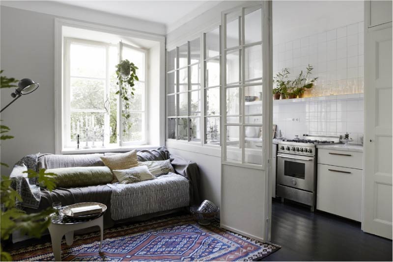 Zoning of the kitchen-living room with a glass partition