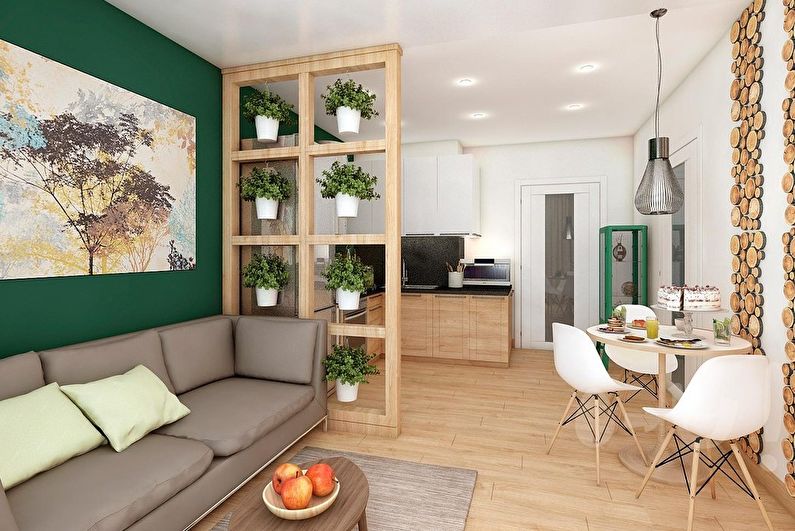 light brown floor in the interior of the kitchen-living room