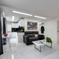 Black sofa in a bright living room