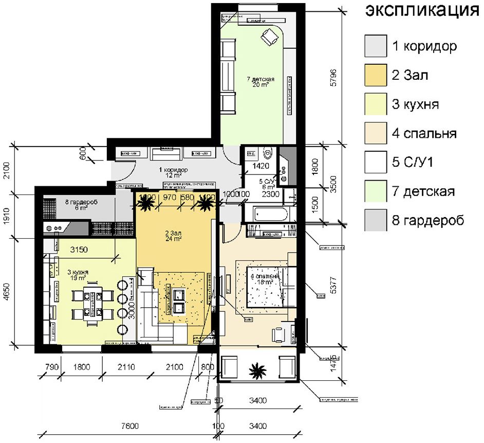 Scheme of a three-room apartment with furniture