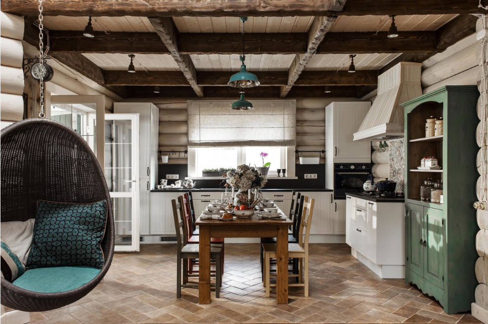 The interior of the dining room in the log house