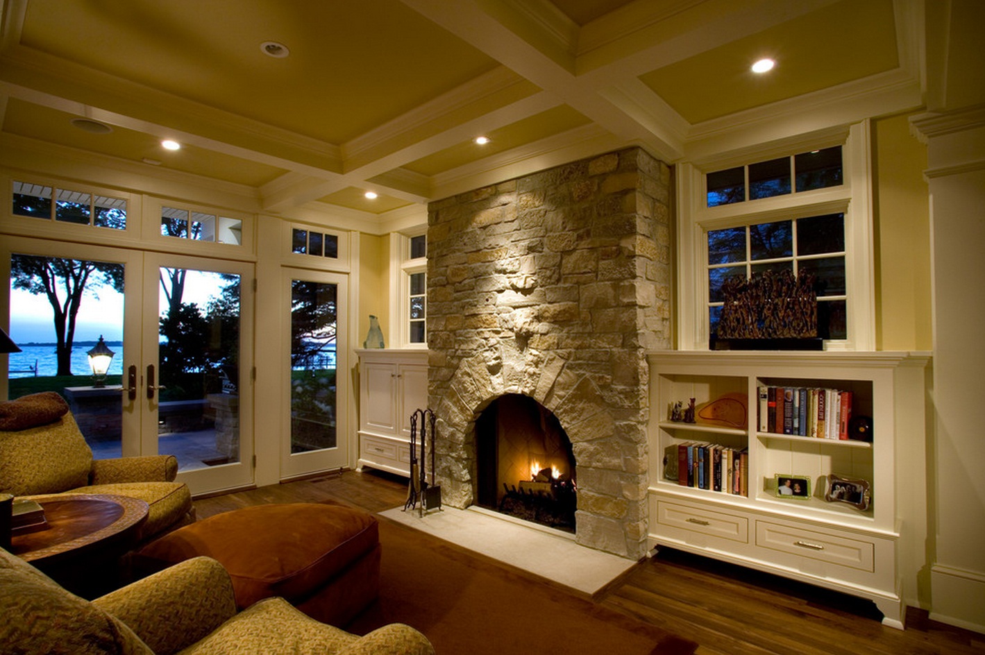 Living room of a country house with a real fireplace